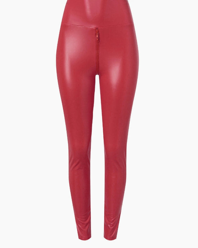 Pantalones de cuero PU con cremallera en la entrepierna para mujeres curvilíneas