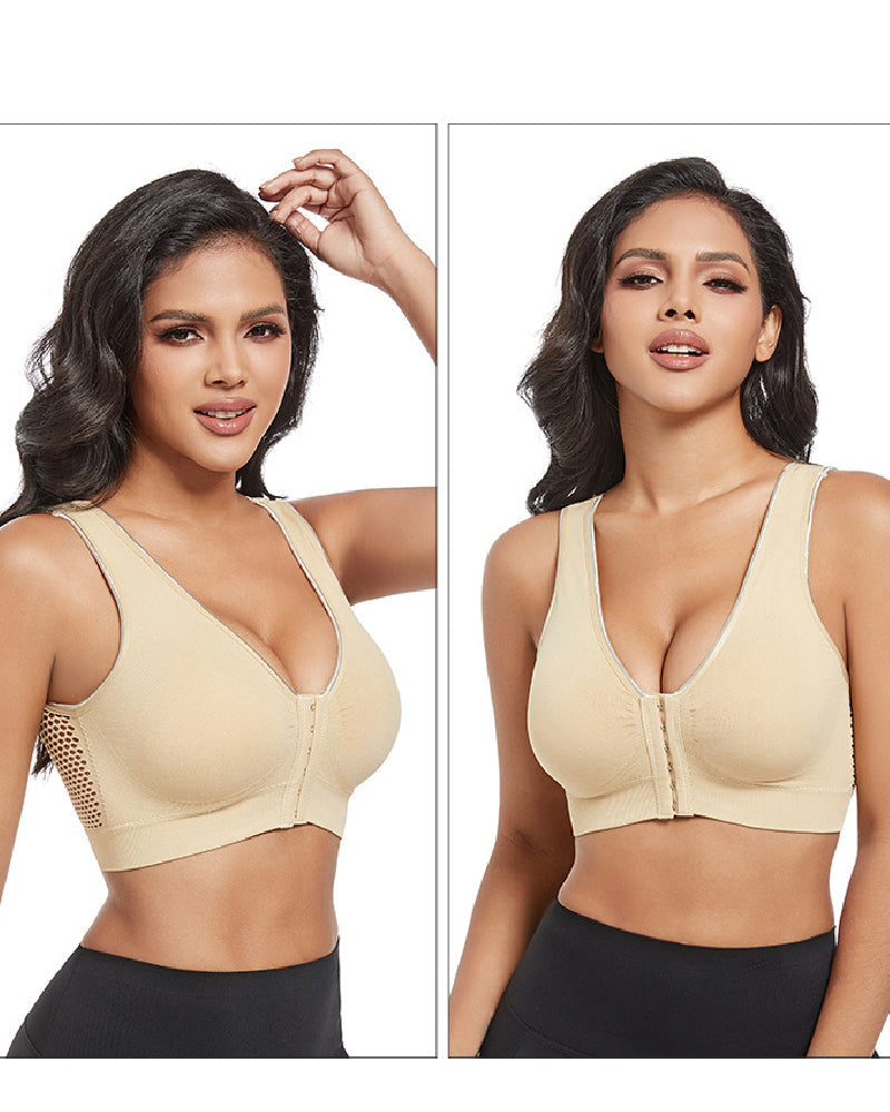Sostén Deportivo Sin Aros para Mujer Talla Plus con Hebilla Frontal, Sólido, Transpirable y con Diseño Hueco