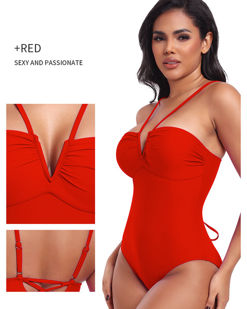 Traje de baño enterizo moldeador con tiras, escote halter en V y copa triangular sexy