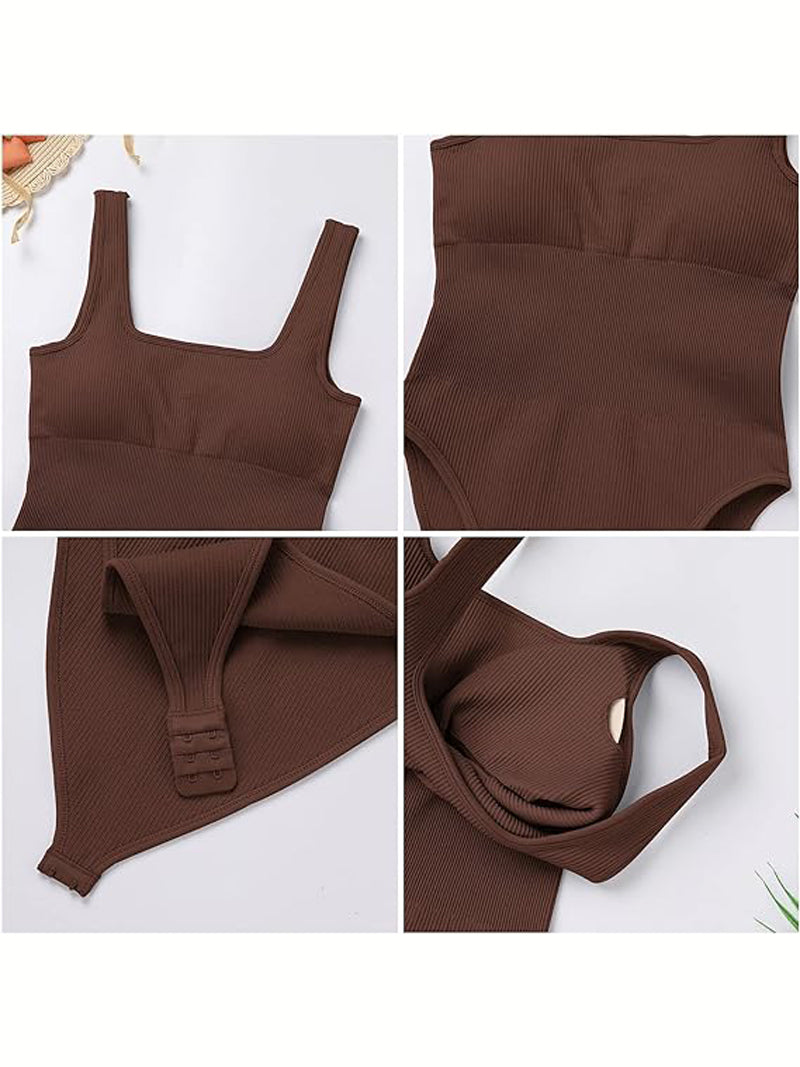 Body de Moldeador Femenino Sexy Sin Mangas con Cuello Cuadrado y Diseño Acanalado