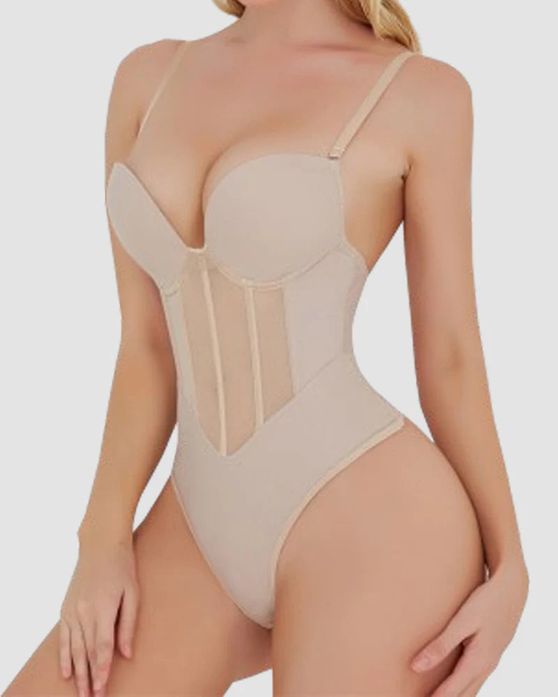 Body de mujer con corset de malla transparente, control de abdomen, tanga y espalda descubierta