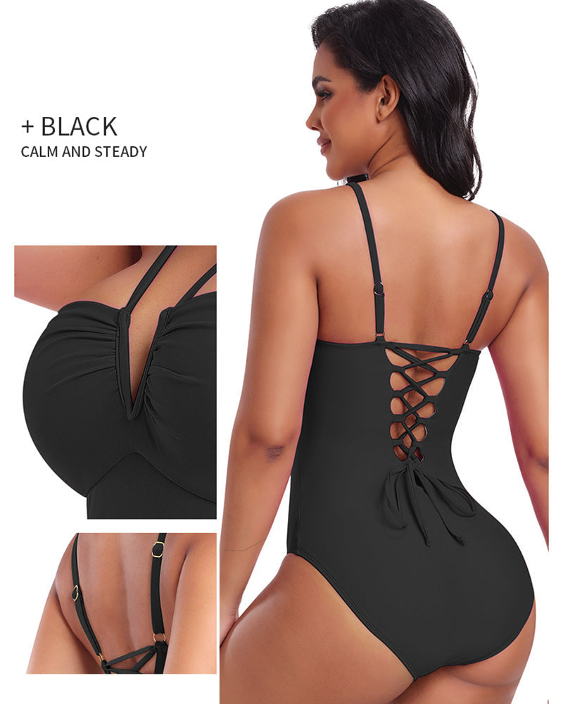 Traje de baño enterizo moldeador con tiras, escote halter en V y copa triangular sexy