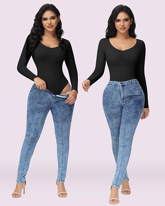 Shapshe® Bodysuits Femeninos Sin Costuras de Manga Larga con Escote en V, Control de Abdomen, Tanga, Moldeadores