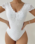 Sexy Deep V Neck Lace Short Sleeve Bodysuit One Piece Slim Fit Body Shaper