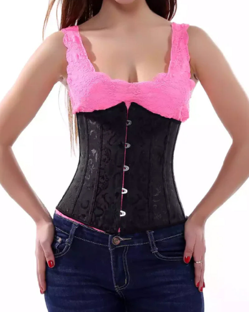 Corsé Vintage Jacquard de Control Abdominal, Bajo el Busto, con Cordones en la Espalda, Top Bustier Talla Plus