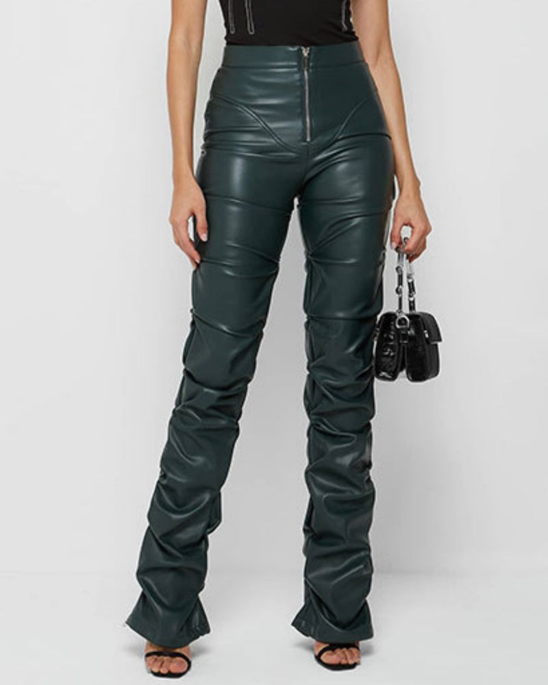 Pantalones Acampanados Plisados Personalizados de Cuero PU