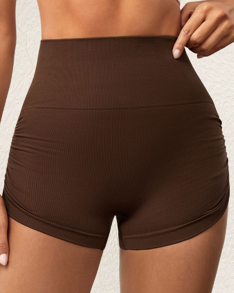 Shorts de Yoga de Cintura Alta con Cordón Lateral y Color Sólido Trenzado