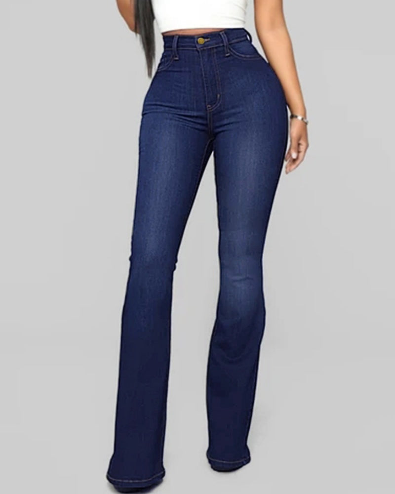 Jeans de Moda de Cintura Alta, Levanta Caderas, Ajustados y Acampanados Lavados