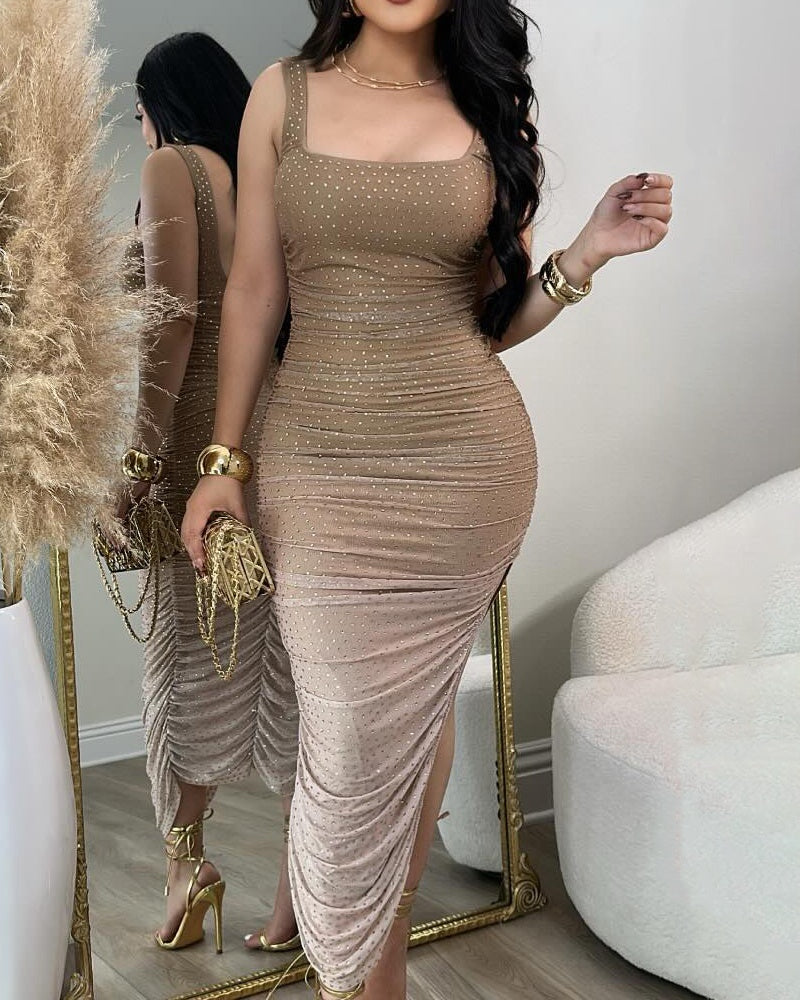 Vestido Bodycon con Cuello Cuadrado, Lentejuelas, Fruncido y Dobladillo Asimétrico