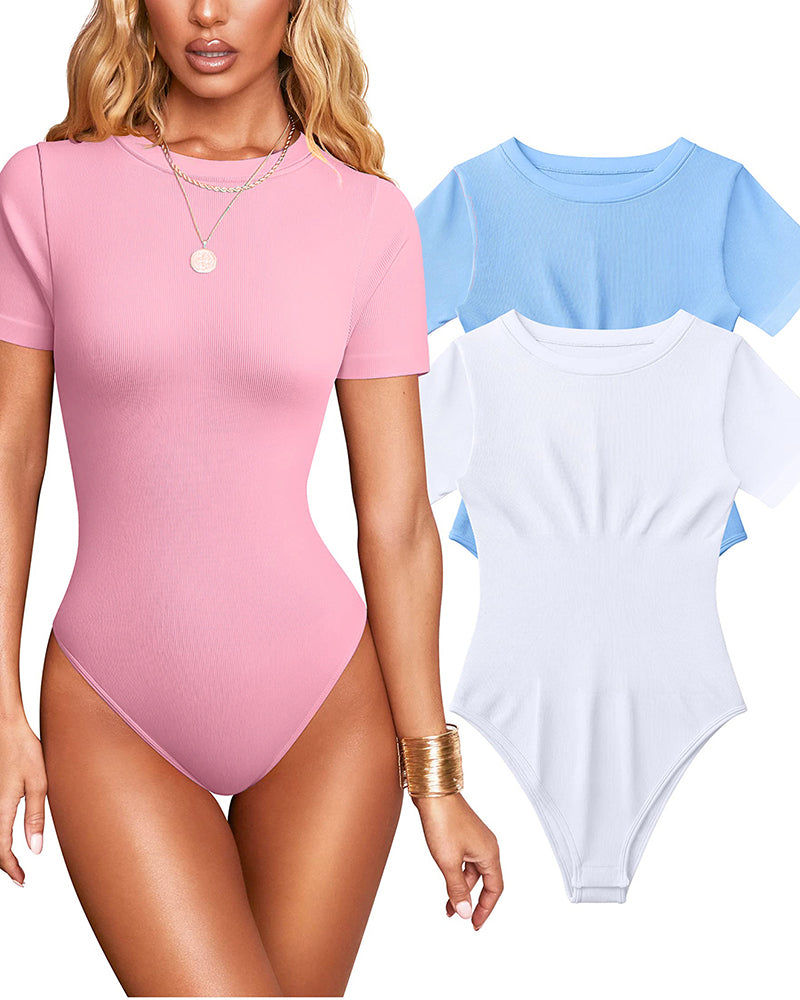 Mujer Sexy Body de Tirantes Cortos con Cuello Redondo, Control de Abdomen y Diseño de Tanga de Punto Acanalado