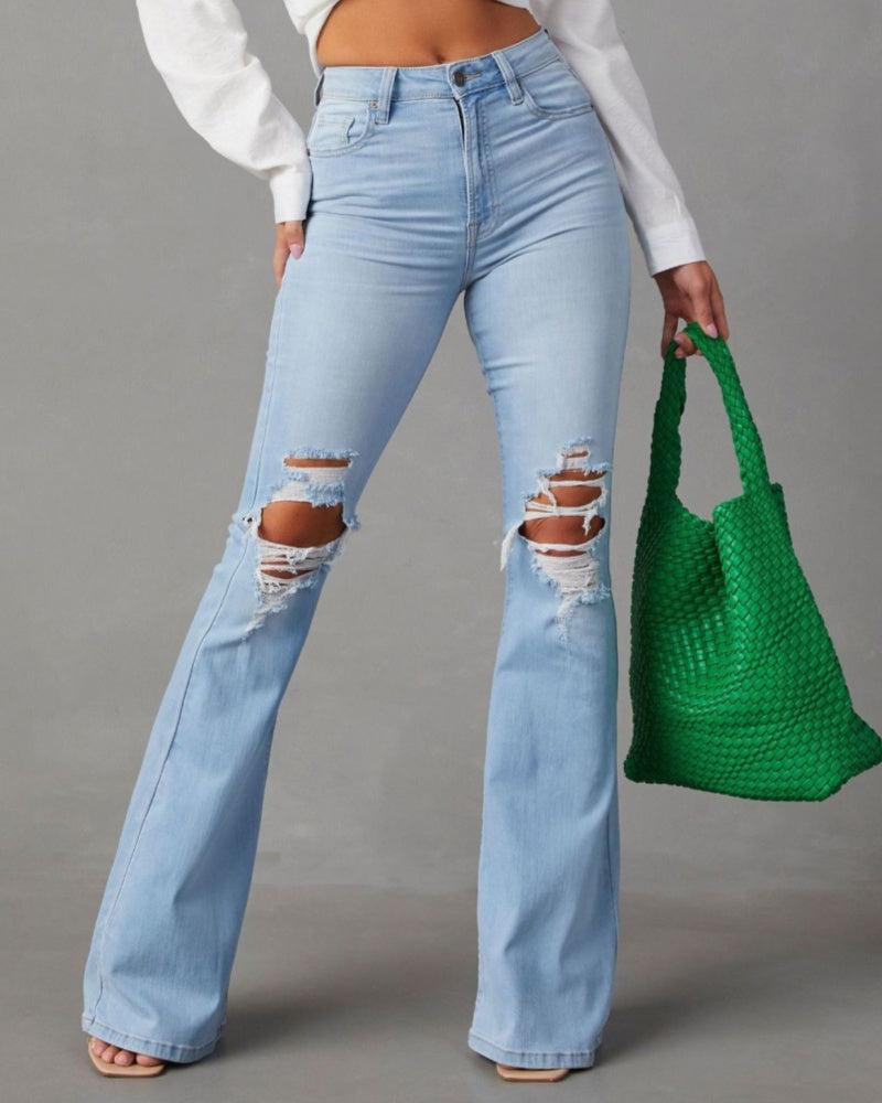 Jeans Rotos de Tiro Alto para Mujer Estilo Urbano Pantalones Acampanados