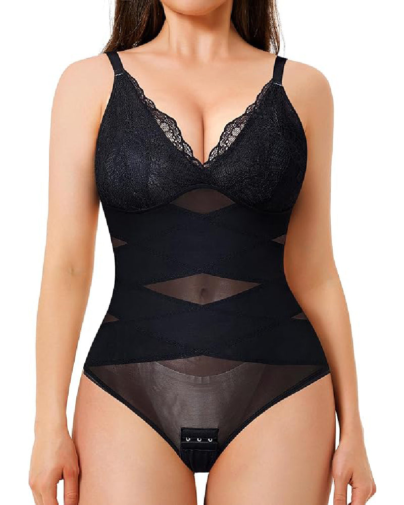 Body de mujer con control de abdomen, escote en V, tanga, corsé modelador, camisetas de encaje moldeadoras