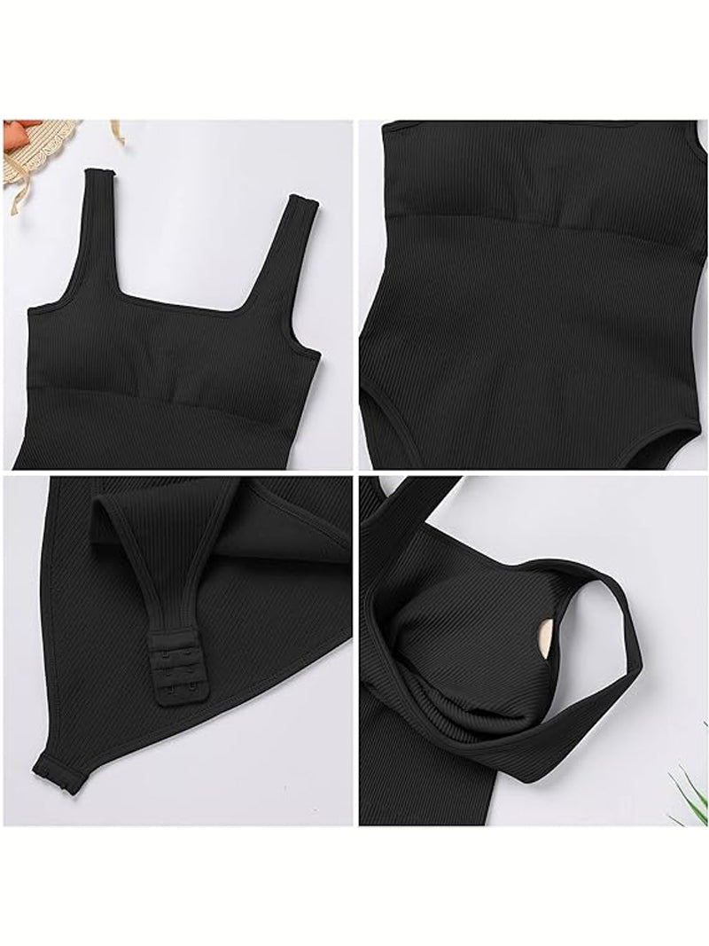 Body de Moldeador Femenino Sexy Sin Mangas con Cuello Cuadrado y Diseño Acanalado