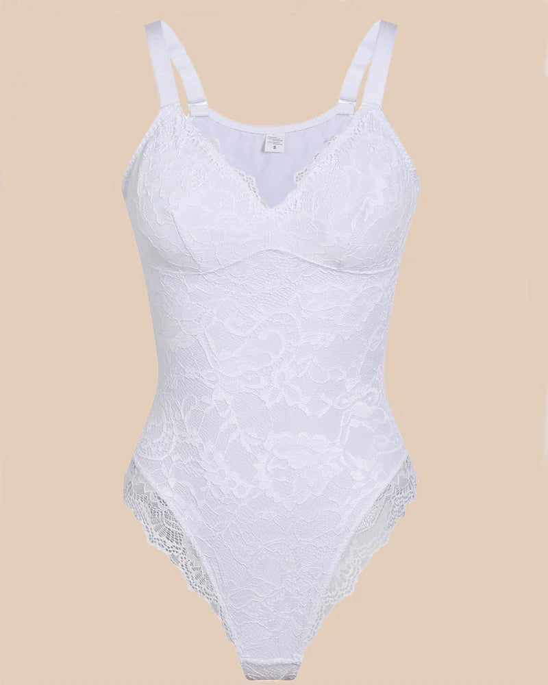Body de una pieza sexy con escote profundo en V, espalda descubierta, top tipo tank, encaje y tanga moldeador