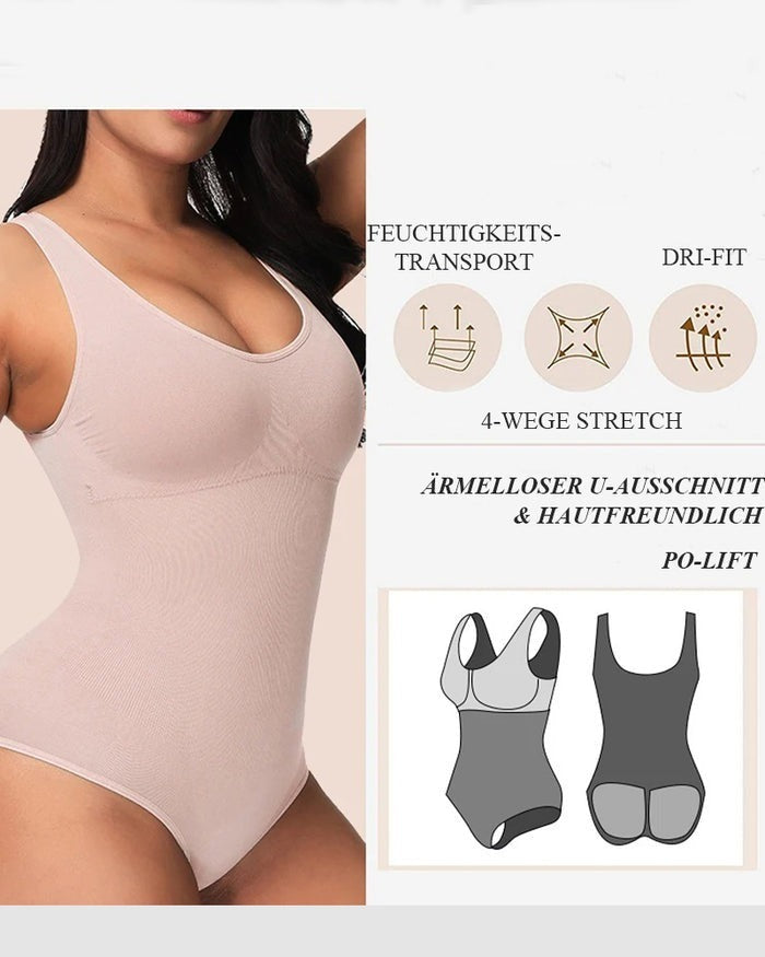 Camiseta tipo body moldeadora con control abdominal, escote en U y tanga
