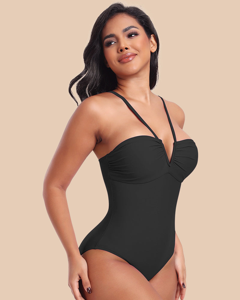 Traje de baño enterizo moldeador con tiras, escote halter en V y copa triangular sexy