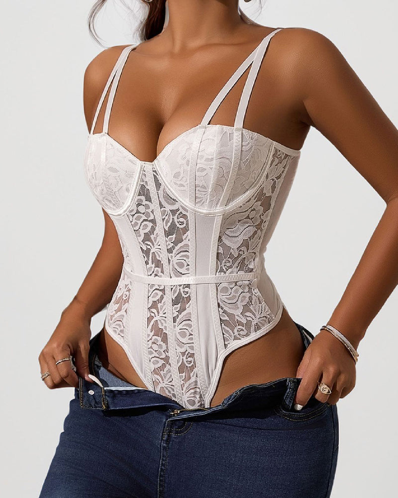 Body de encaje sexy para mujer, con parche de malla, bustier transpirable, moldeador de busto