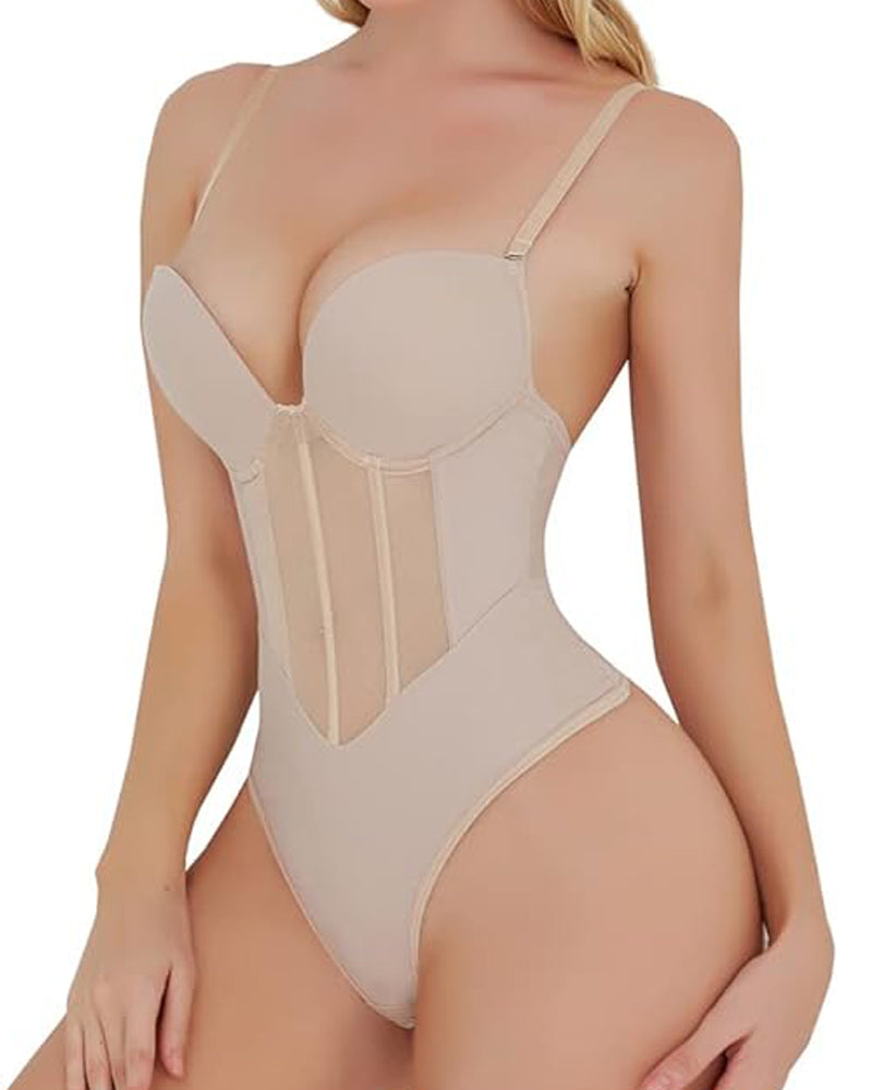 Corsé Sexy de Malla Moldeadora Body Sin Espalda con Tanga y Sostén Incorporado