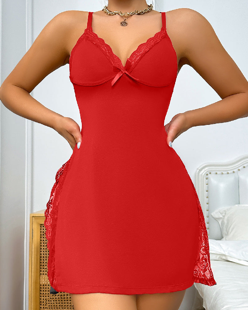 Camisón Midi Sexy con Encaje, Abertura, Moldeador, Lazo y Tirantes tipo Cami para Dormir