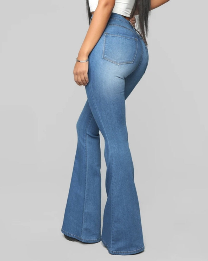 Jeans de Moda de Cintura Alta, Levanta Caderas, Ajustados y Acampanados Lavados