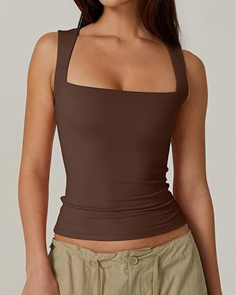 Camisetas sin mangas básicas de doble capa con escote cuadrado para mujer - Chaleco moldeador