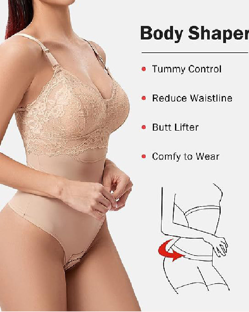 Body moldeador sin costuras con encaje, control de abdomen, cintura slim y tanga, con sujetador