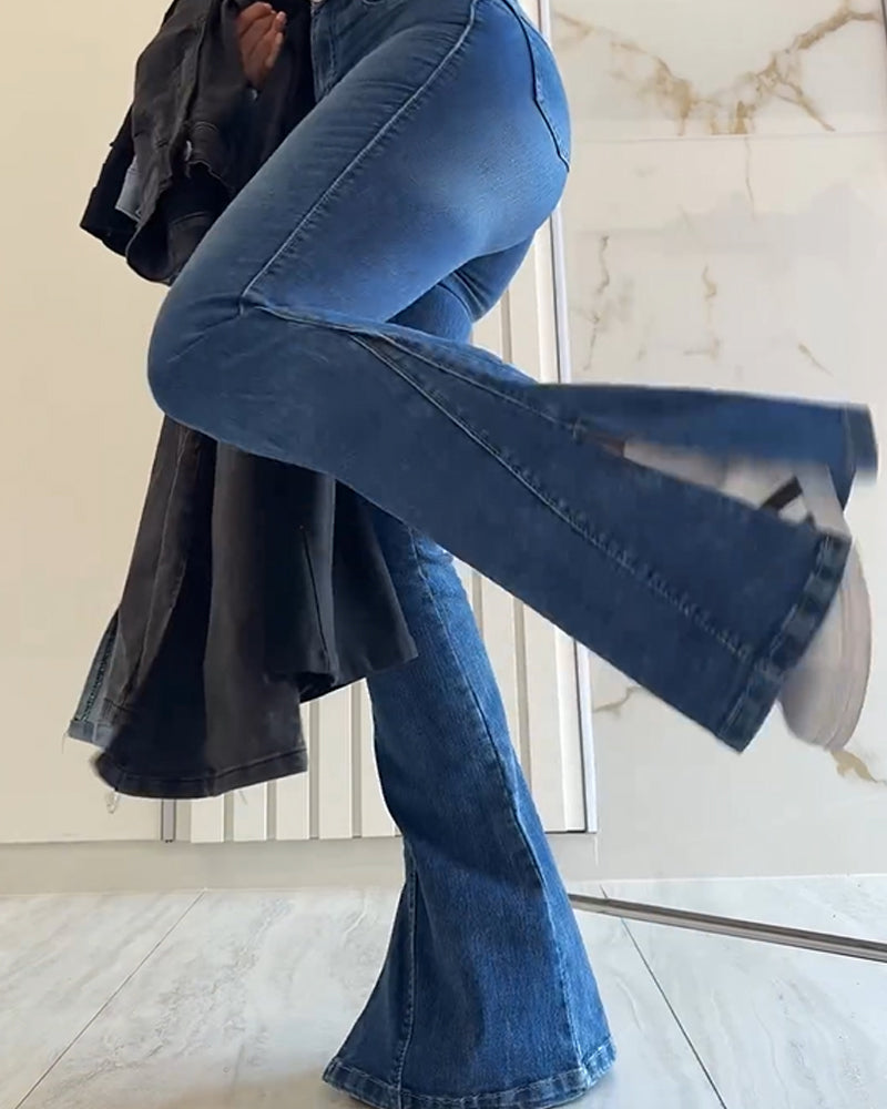 Jeans Shapshe® de Cintura Alta con Control de Abdomen, Corte Acampanado con Abertura y Largo hasta el Piso