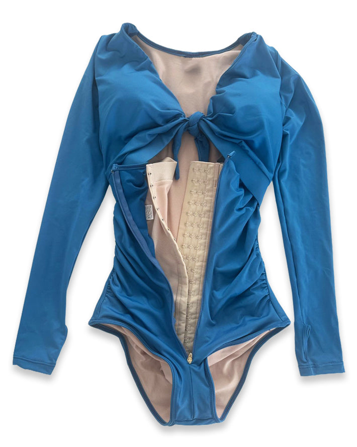 Shapshe® Traje de Baño con Faja Incorporada de Mangas Largas y Control de Abdomen Azul