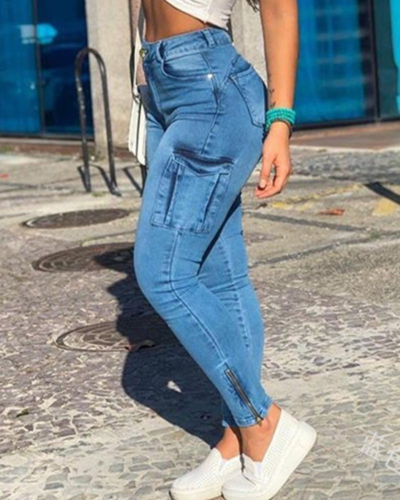 Jeans Skinny Cargo Multibolsillos a la Moda Sexy Vintage