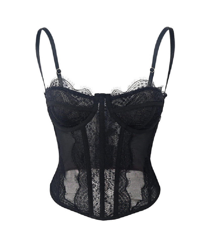 Corset de Encaje Transparente con Push Up para Mujer, Top Bustier con Ballenas y Tirantes, Top Corto Sexy