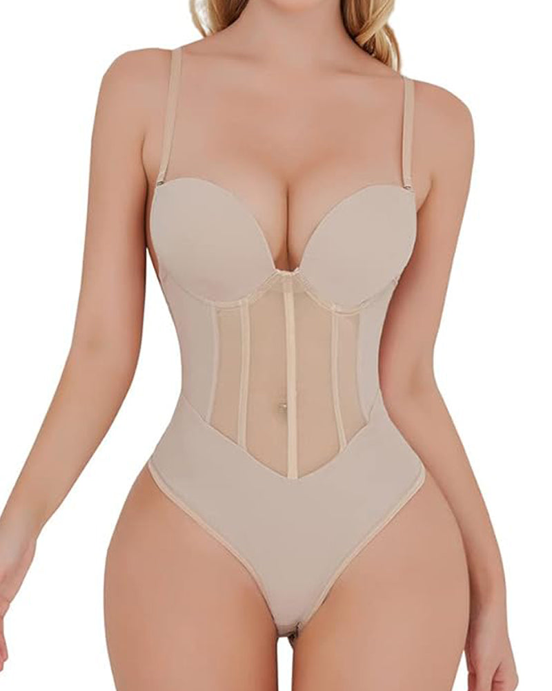 Corsé Sexy de Malla Moldeadora Body Sin Espalda con Tanga y Sostén Incorporado