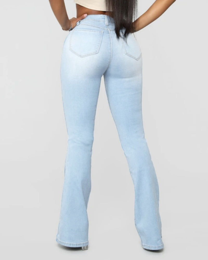 Jeans de Moda de Cintura Alta, Levanta Caderas, Ajustados y Acampanados Lavados