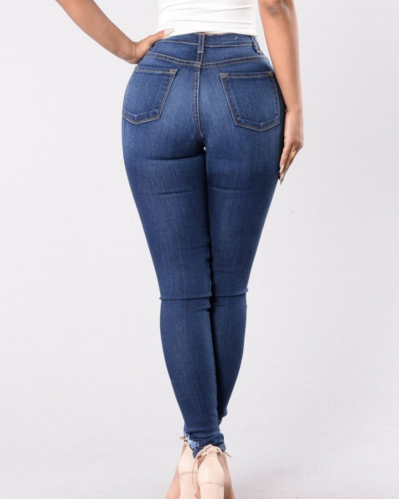 Jeans Ajustados de Cintura Alta, Elásticos, Suaves, de Corte Slim, Estilo Retro Desgastado
