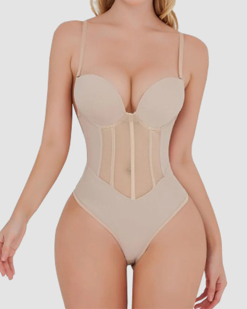 Body de mujer con corset de malla transparente, control de abdomen, tanga y espalda descubierta