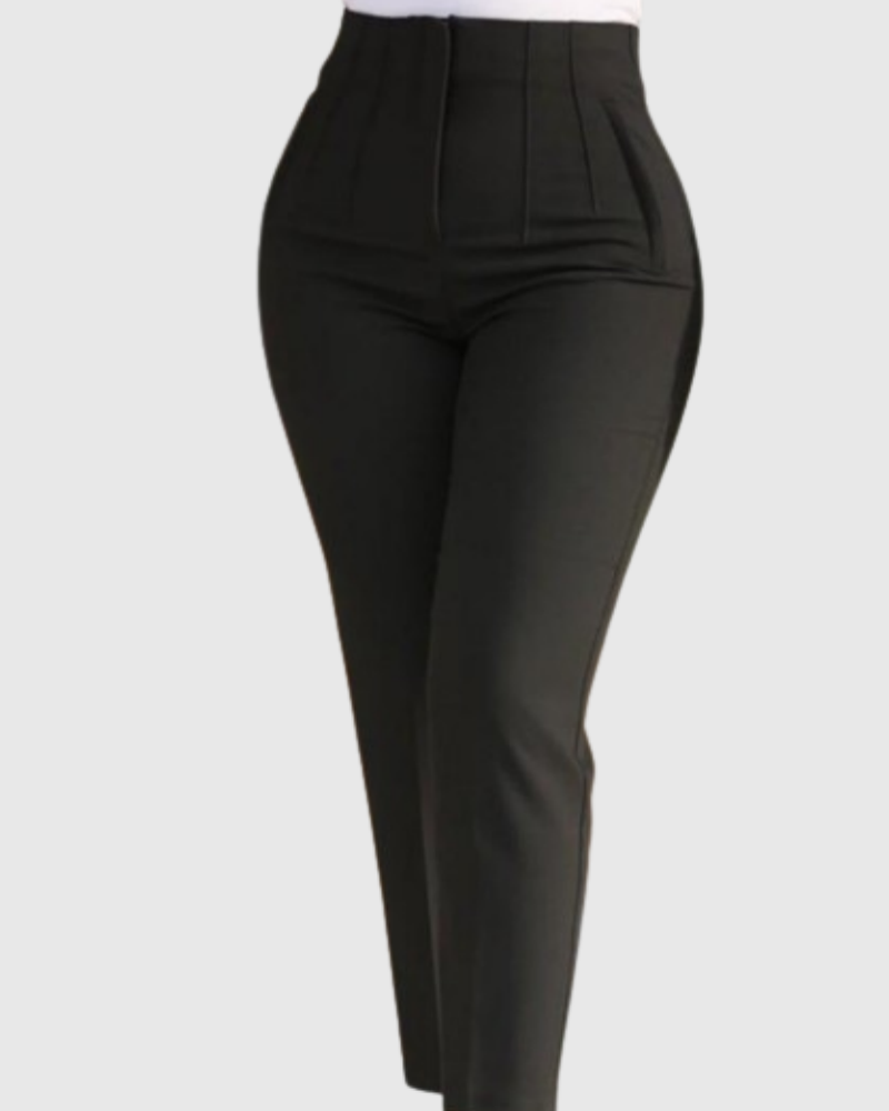 Pantalones de Mujer a Medida con Pliegues, Cintura Alta y Bolsillos Laterales, de 9 Puntos