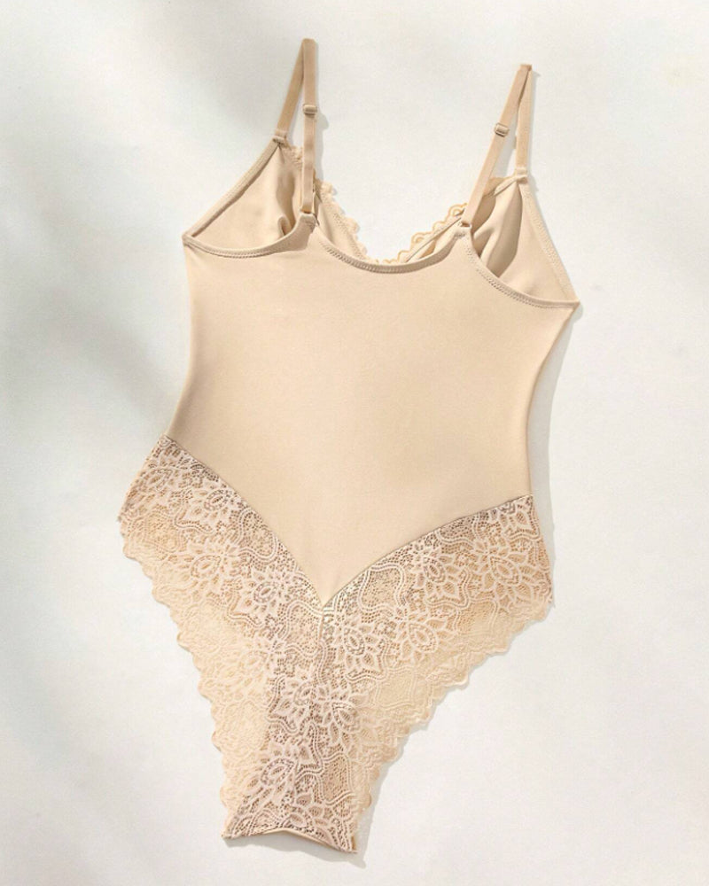 Body de encaje transparente para mujer, sin mangas, con tirantes finos tipo spaghetti, una pieza moldeadora