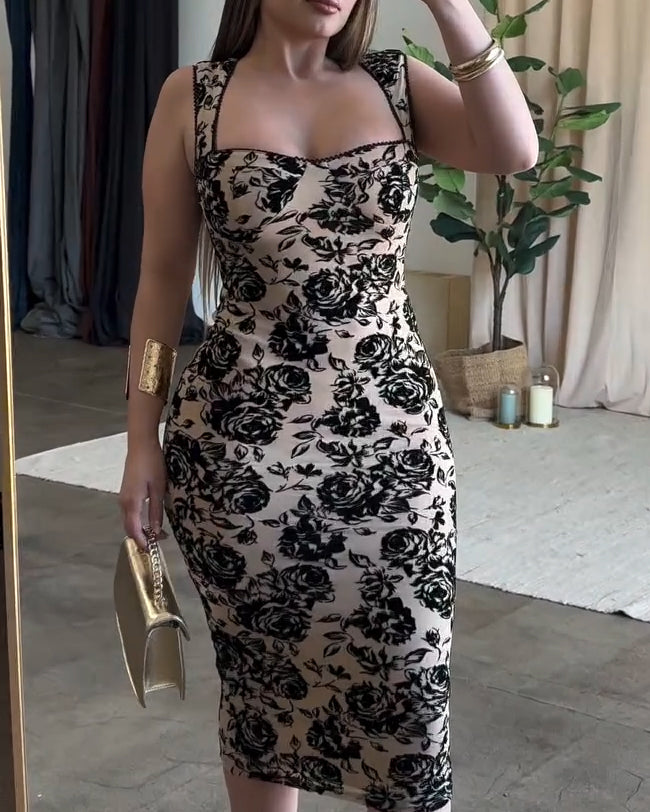 Vestido Midi Ajustado de Encaje Floral Sexy en Negro y Taupe Claro