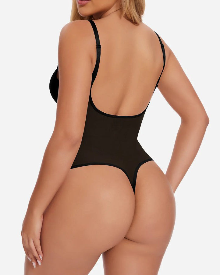 Body de malla con escote profundo, espalda descubierta y tanga moldeadora sexy