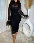 Vestido Midi Bodycon Negro de Encaje Transparente con Cuello Alto y Mangas Largas