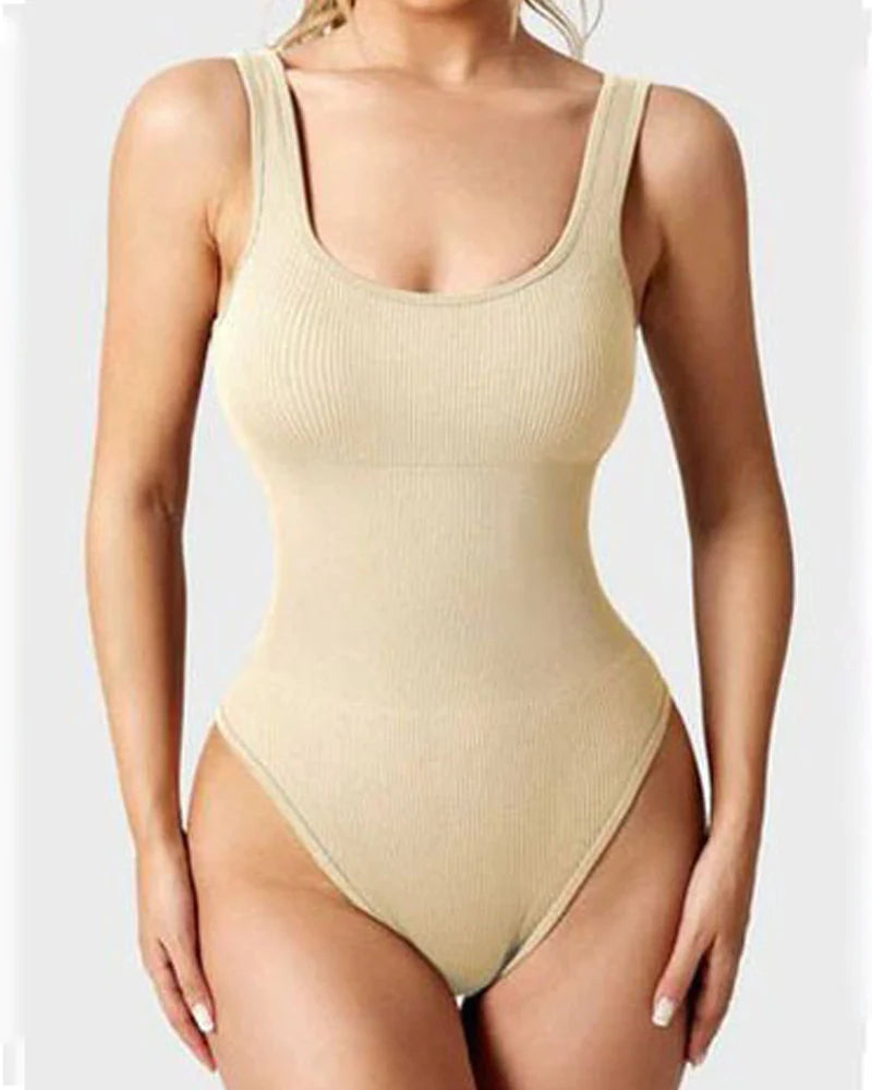 Body de Moldeador Femenino Sexy Sin Mangas con Cuello Cuadrado y Diseño Acanalado