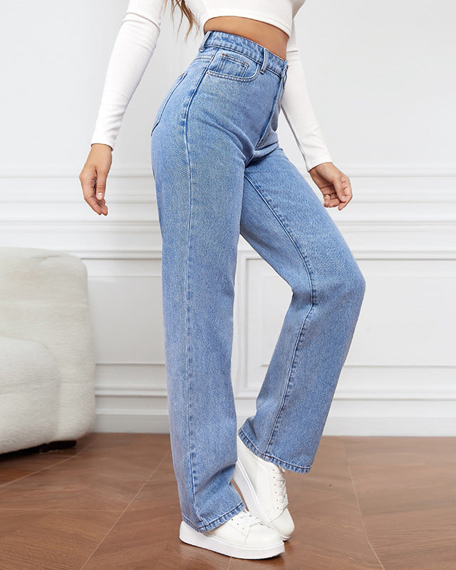 Jeans de tiro alto para mujer con cierre de cremallera y pierna recta