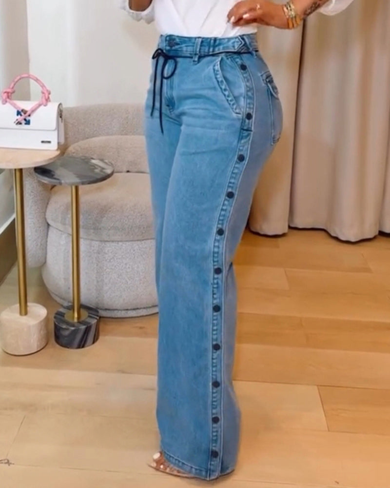 Shapshe® Straight Leg Wide Legs High Waist Baggy Side Snap Button Jeans