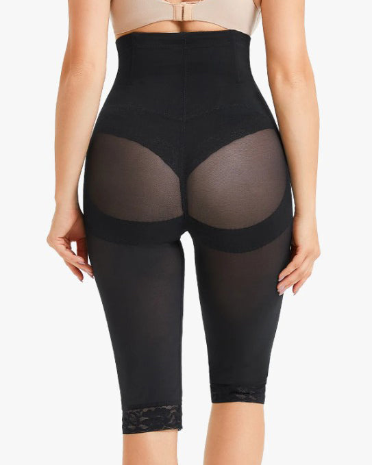Pantalones Moldeadores de Malla Transparente con Encaje y Cintura Alta para Mujer