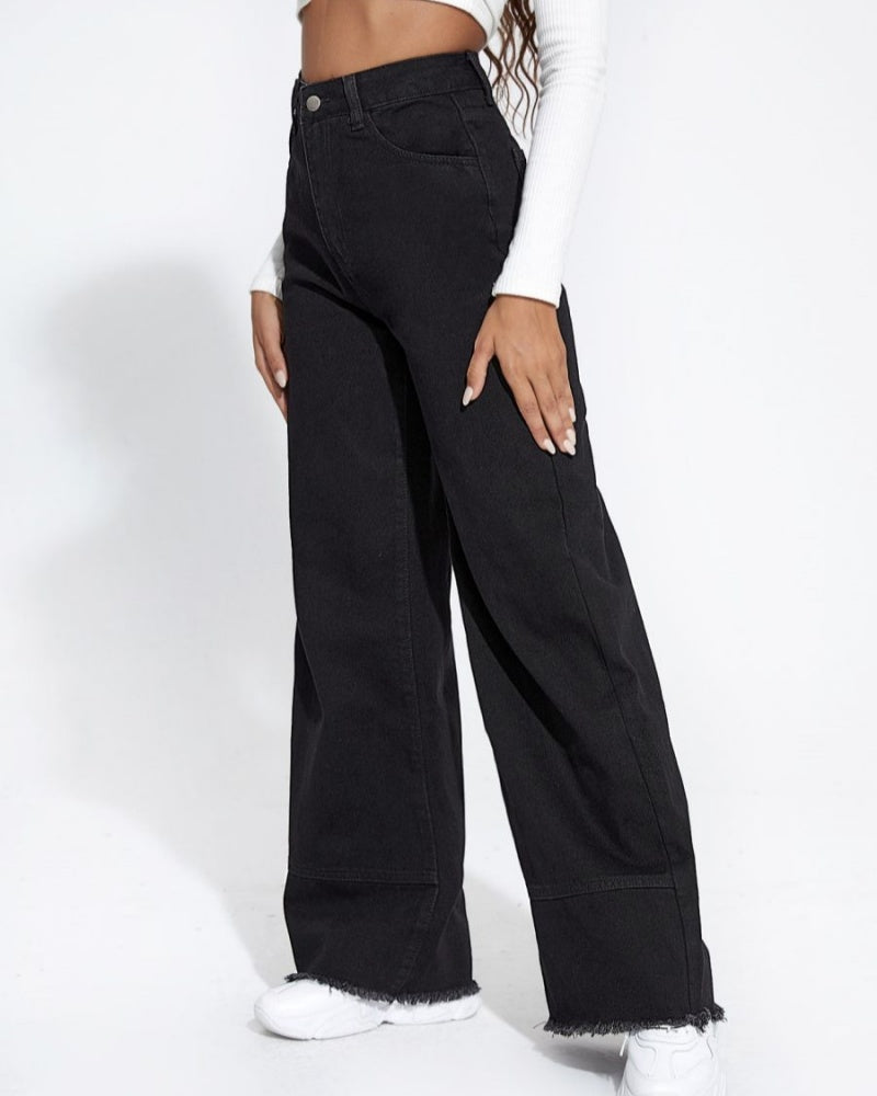 Jeans de pierna ancha, cintura alta, parche, borde sin terminar, pantalones sueltos