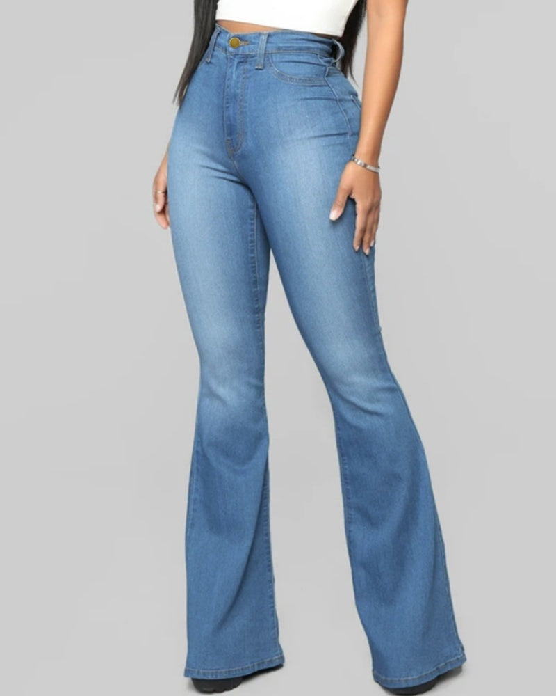 Jeans de Moda de Cintura Alta, Levanta Caderas, Ajustados y Acampanados Lavados