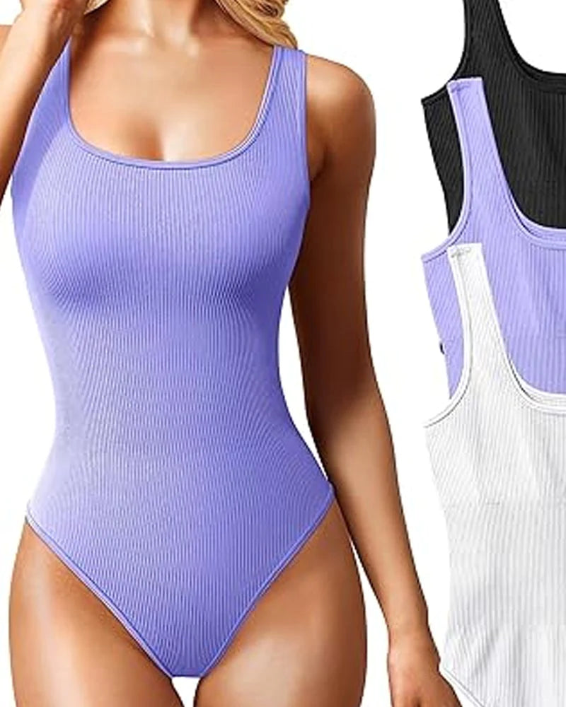 Body de Moldeador Femenino Sexy Sin Mangas con Cuello Cuadrado y Diseño Acanalado