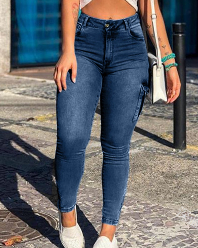 Jeans Skinny Cargo Multibolsillos a la Moda Sexy Vintage