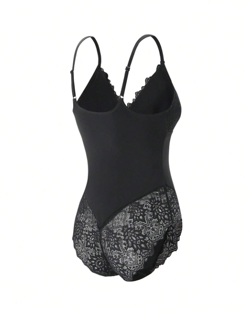 Body de encaje transparente para mujer, sin mangas, con tirantes finos tipo spaghetti, una pieza moldeadora