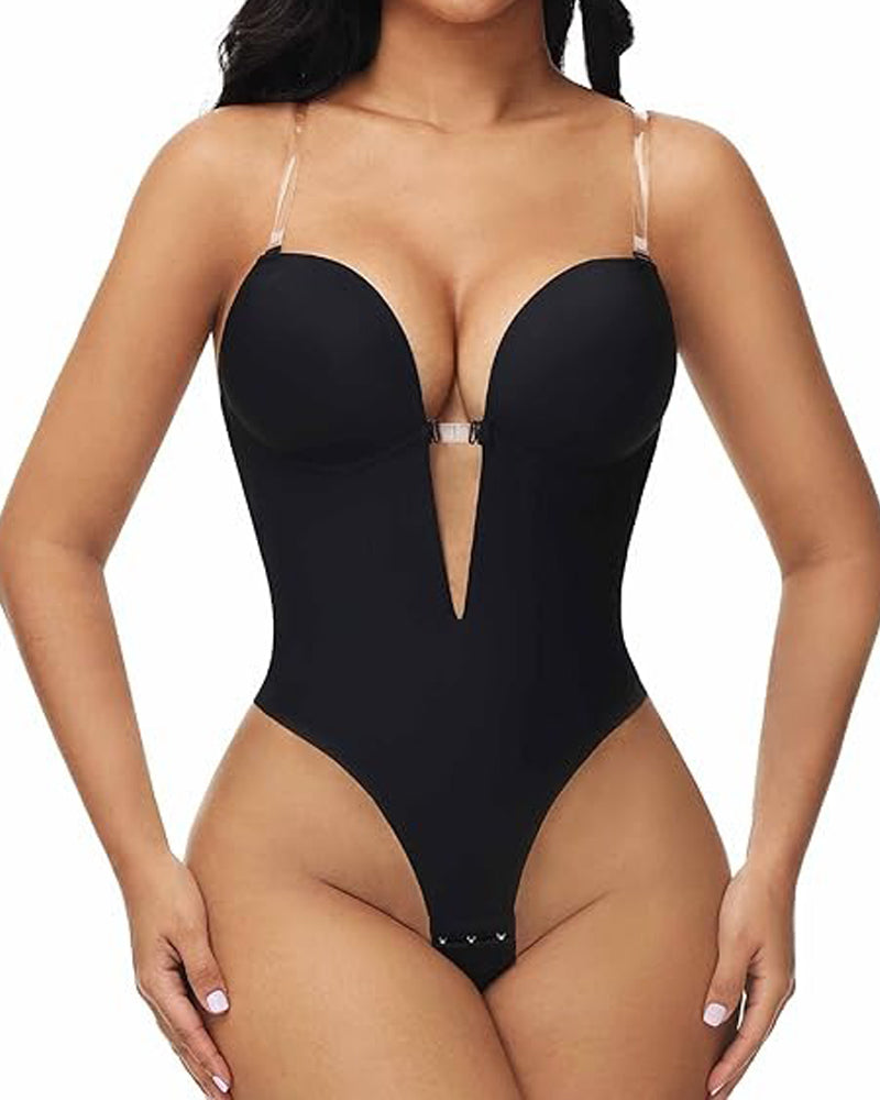 Body de escote profundo sin espalda, sin costuras, con sostén incorporado y tanga moldeadora