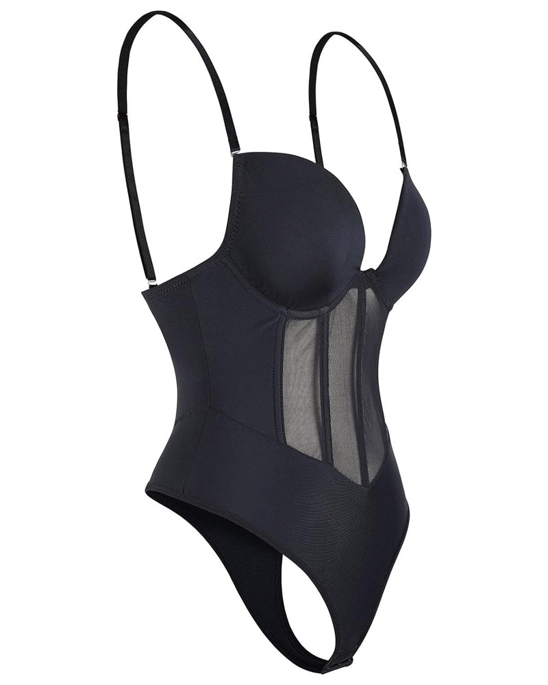 Corsé Sexy de Malla Moldeadora Body Sin Espalda con Tanga y Sostén Incorporado